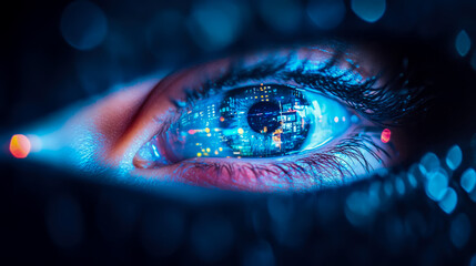 A human eye reflecting a glowing digital urban landscape, a high-tech concept of data perception for a cybernetic interface.