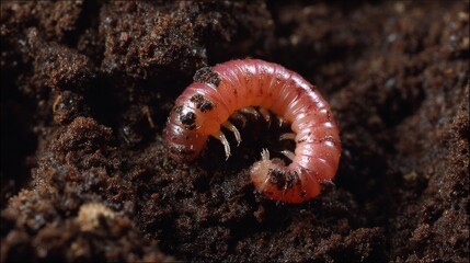 Close-up of a pinkish worm in dark soil