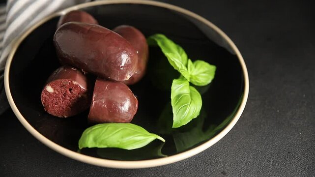 Black pudding sausage fresh gourmet food background on the table rustic food top view copy space