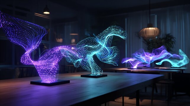 Robotic scientists training glowing neon AI models displayed as floating light structures above a table