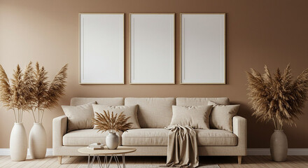 Three vertical frame mockups with wooden borders above sofa on white wall – modern minimal living room setup for branding posters or framed canvas artwork