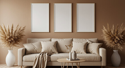 Triple vertical frame mockups above beige sofa on warm brown wall – cozy and elegant living room design layout for poster, artwork or canvas mockups