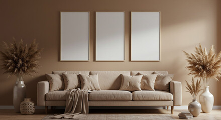 Three vertical frame mockups on warm beige wall above neutral sofa – cozy modern living room interior for artwork, branding posters or canvas display with natural lighting