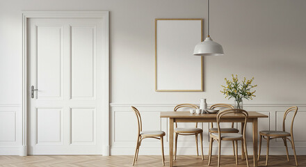 Vertical golden frame mockup on white wall with modern wood dining chairs and hanging lamp – minimalist dining interior for branding artwork or poster display