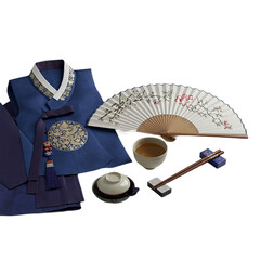 Korean Hanbok Tea Ceremony Set and Folding Fan Asian Culture and Tradition Visuals