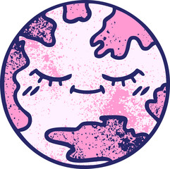 retro grunge texture cartoon of a planet earth in bright neon color