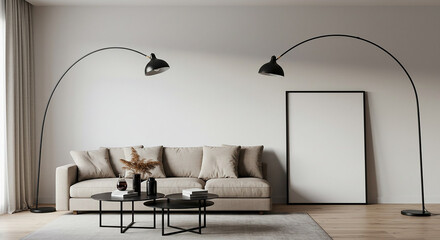 Neutral living room mockup with wall-mounted frame, beige sofa and black arc lamp – modern soft decor for artwork or branding poster display