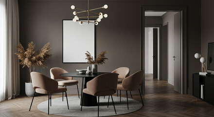Vertical black frame mockup in modern dining room with round table, brown chairs and flower décor – stylish interior branding or poster artwork template in neutral tones