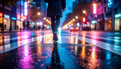Fototapeta premium Night Reflections: A person strolls down a rain-slicked street at night, neon lights casting vibrant reflections on the wet surface.