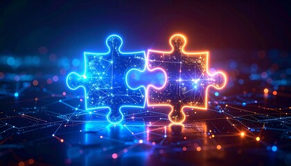 Obraz premium Digital Synergy: Two interlocking puzzle pieces glow with vibrant neon light, representing the power of collaboration and the synergy of technology in a captivating digital illustration.