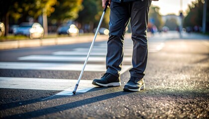 Obraz premium Navigating with Confidence: A person confidently uses a mobility aid at a crosswalk, highlighting independence and accessibility in an urban setting. 
