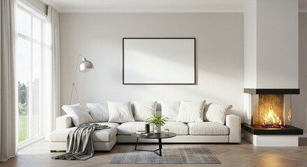 White frame mockup in modern living room with cozy white sofa and green plant – bright natural light scene for branding, poster, or art presentation in soft neutral interior