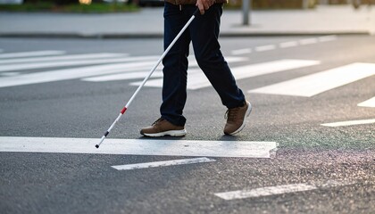 Obraz premium Navigating Life: A visually impaired individual confidently crosses a crosswalk using a white cane. Capturing resilience, independence and urban mobility.