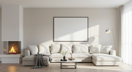 Minimalist black frame mockup in bright living room interior with natural sunlight – cozy neutral-toned design scene with white sofa and green plant for artwork display