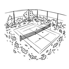 Doodle of a tennis court covered with autumn leaves  
