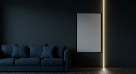 Black vertical frame mockup in dark living room with moody lighting – minimal home interior scene with navy sofa for branding, poster art, or digital canvas showcase