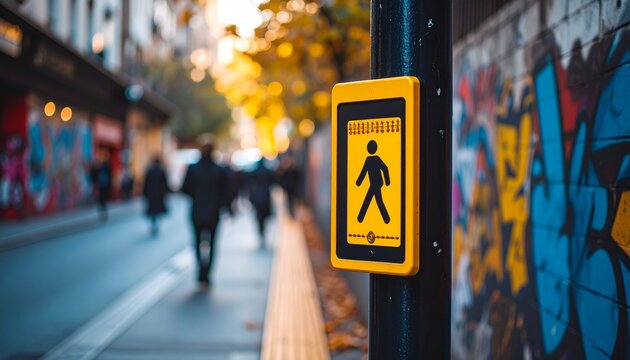 Urban Pedestrian Crossing: A yellow pedestrian crossing button stands out against a backdrop of a busy city street, showcasing urban life and pedestrian safety. - Powered by Adobe