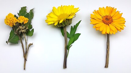 Fototapeta premium Three dried yellow flowers against a white background.