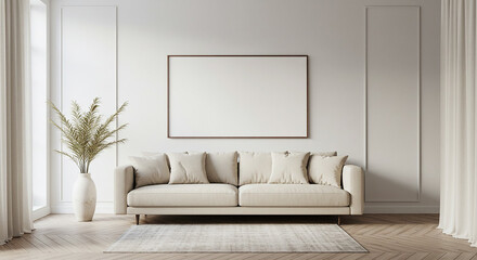 Soft beige-toned interior with horizontal wall frame mockup above modern sofa – cozy Scandinavian-style living room setup for branding, prints, or poster artwork display