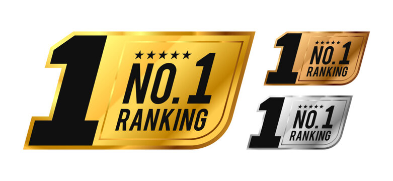 No. 1 Ranking Award Badges. Number one rank icon. Number 1 golden label. For logo, insigna, seal, tag, sign, symbol, stamp, sticker, emblem, banner. Vector Illustration
