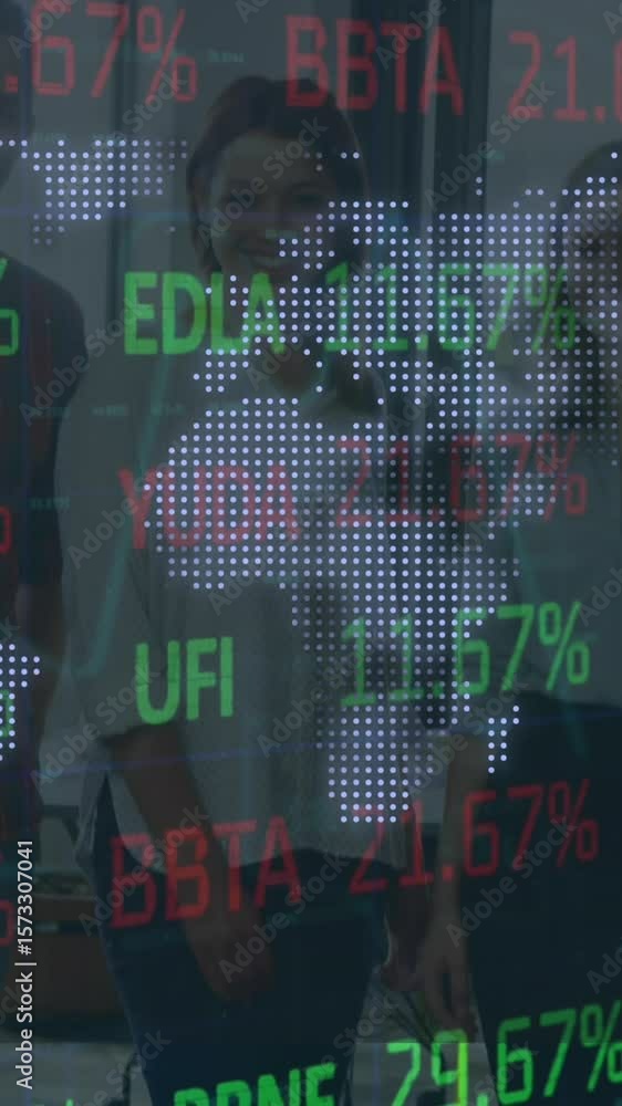 Poster animation of financial data processing over dark background