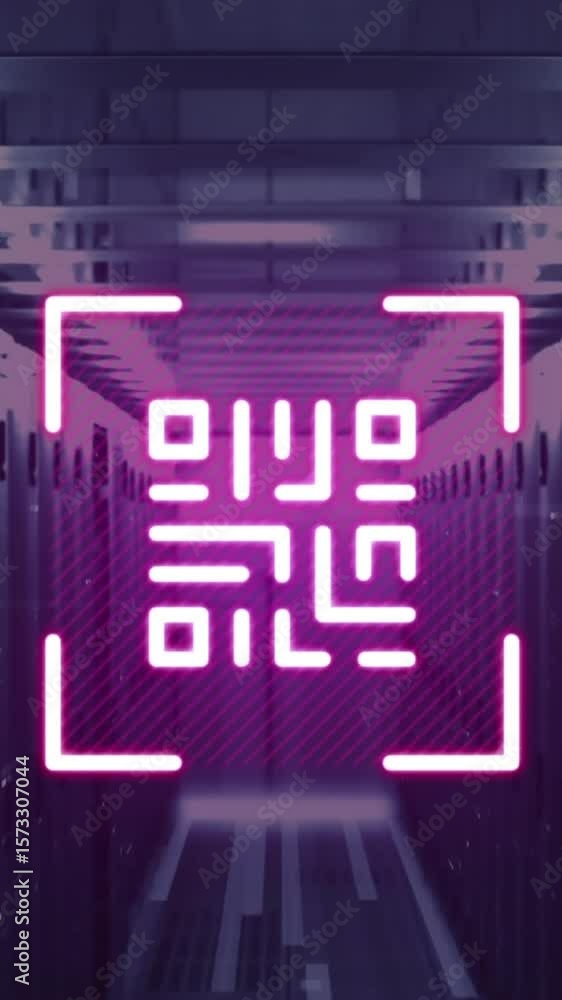 Poster animation of qr code and bars over corridor of server room in background