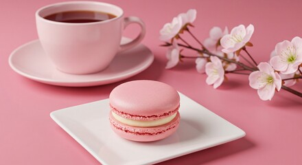 Elegant pink tea setting featuring a delicate macaron and blossoming flowers