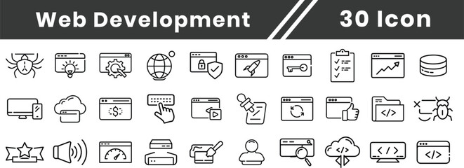 Web development, Website line icon set. Containing web design, internet, content, SEO, hosting, server, homepage and e-commerce icon. Solid icon collection. Vector illustration