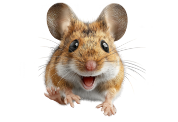 A close up of a cute brown and white mouse with big ears and a happy expression on a transparent background