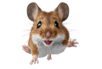 A charming brown and white mouse with big ears smiling and reaching out on a transparent background