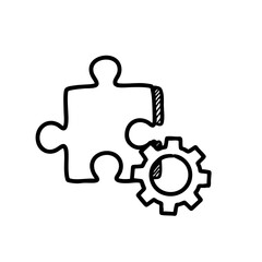 Obraz premium Doodle of puzzle piece and gear in black and white sketch 