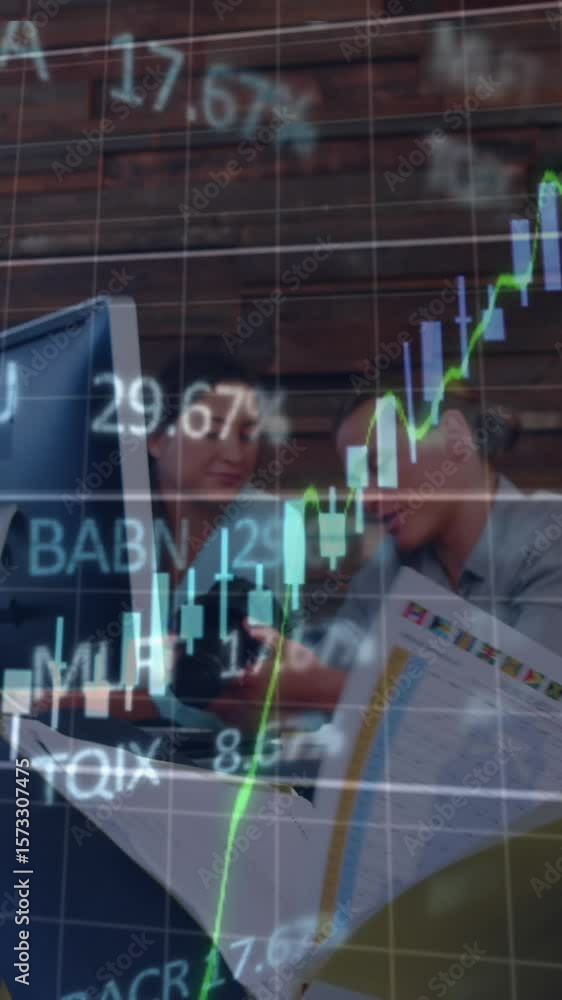 Poster animation of financial data processing over business people using computer