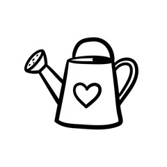 Watering can with heart in black and white sketch style  