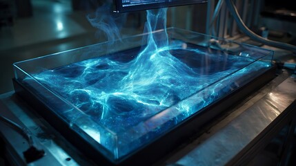Scanning devices capturing and projecting AI algorithms into shimmering blue shapes inside a lab 