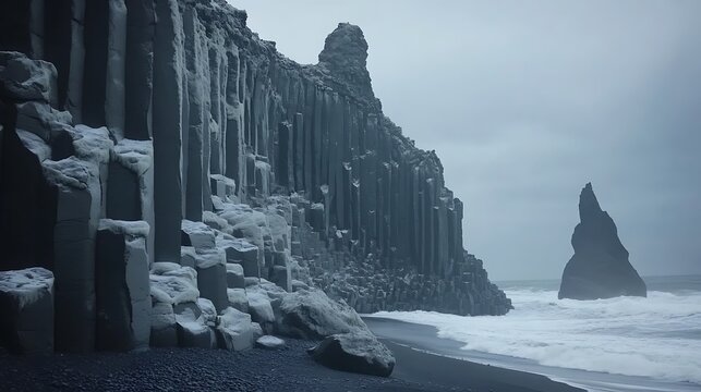 Reynisfjara sea stacks and black sand beaches of dramatic - Powered by Adobe