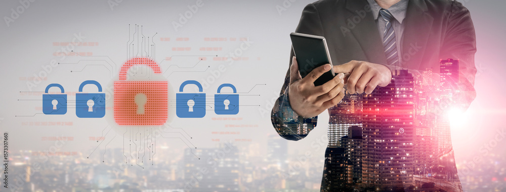 Poster digital security concept illustrating a cybersecurity breach, with a red unlocked padlock indicating