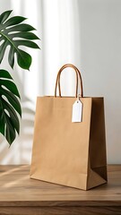 Brown Kraft Paper Shopping Bag Mockup with Blank Tag and Plant Shadow