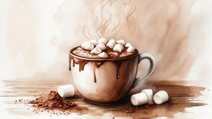 Obraz premium A cozy watercolor illustration of a steaming mug of hot chocolate with melting marshmallows and cocoa powder scattered around on a rustic wooden surface. Comforting winter treat