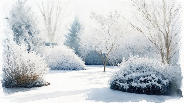 A tranquil winter landscape featuring trees and bushes heavily covered in fresh, glistening snow under a soft, bright sky. Serene winter atmosphere