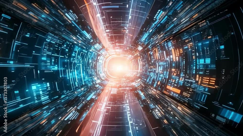 Poster futuristic technology tunnel with abstract circuit board and glowing light.