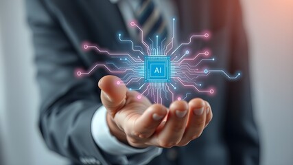 Man holding glowing A I chip with circuit lines AI chip