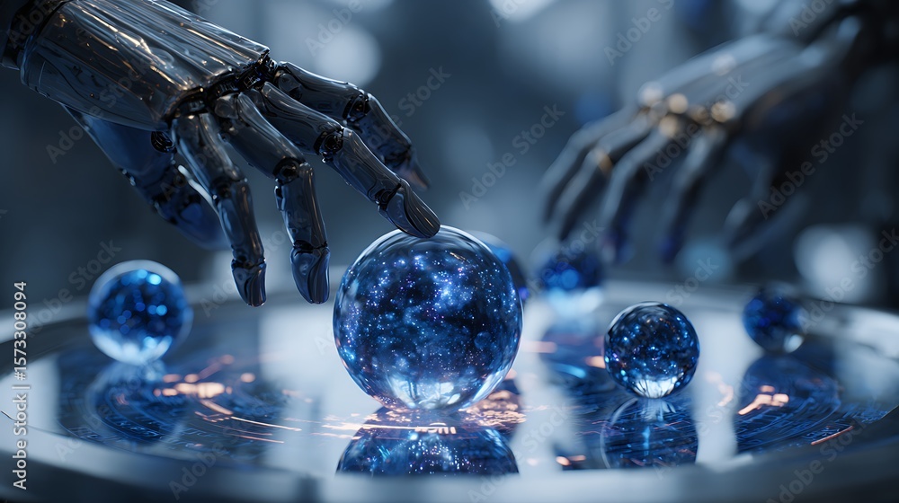 Poster shimmering glass ai testing station with floating data orbs and cybernetic hands making adjustments