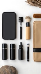 Flat Lay of Modern Cosmetic and Grooming Tools with Smartphone Mockup