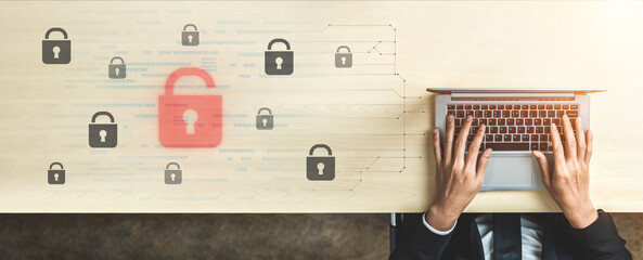 Digital security concept illustrating a cybersecurity breach, with a red unlocked padlock...