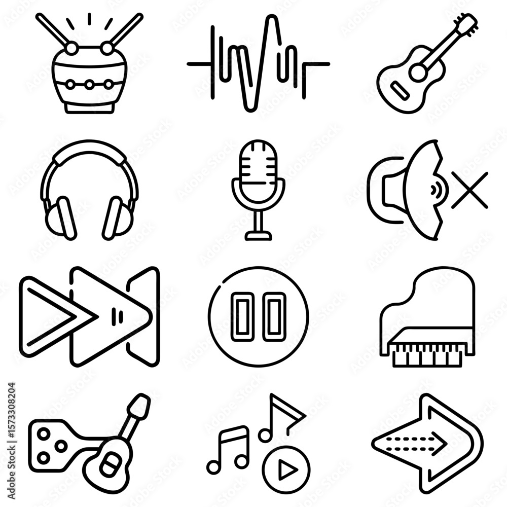Poster illustration of musical instruments and audio related icons in a simple outlined style design format
