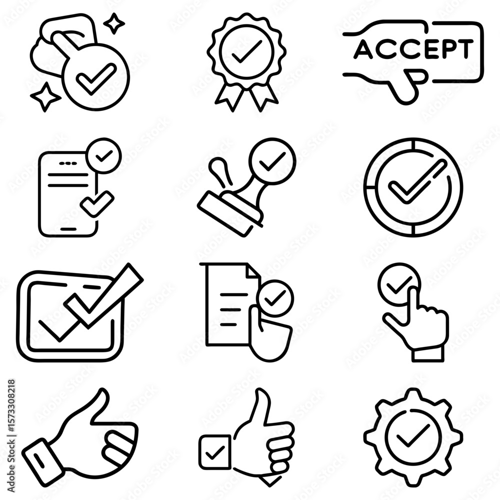Poster collection of approval and acceptance icons featuring checkmarks and thumbs up in black outline styl