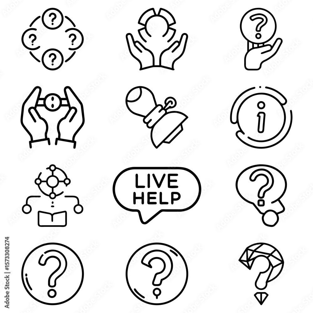 Poster collection of help and support icons featuring question marks hands and information in a line art st