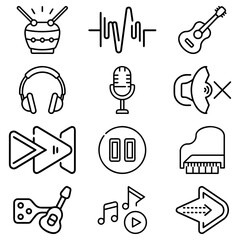 Fototapeta premium Illustration of musical instruments and audio related icons in a simple outlined style design format