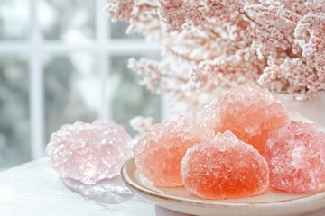 Detailed photo of wellness-themed beauty packaging arranged with crystals, herbs, and creams.