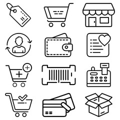 Collection of shopping icons including a cart, wallet, shop, barcode, and credit cards design vector